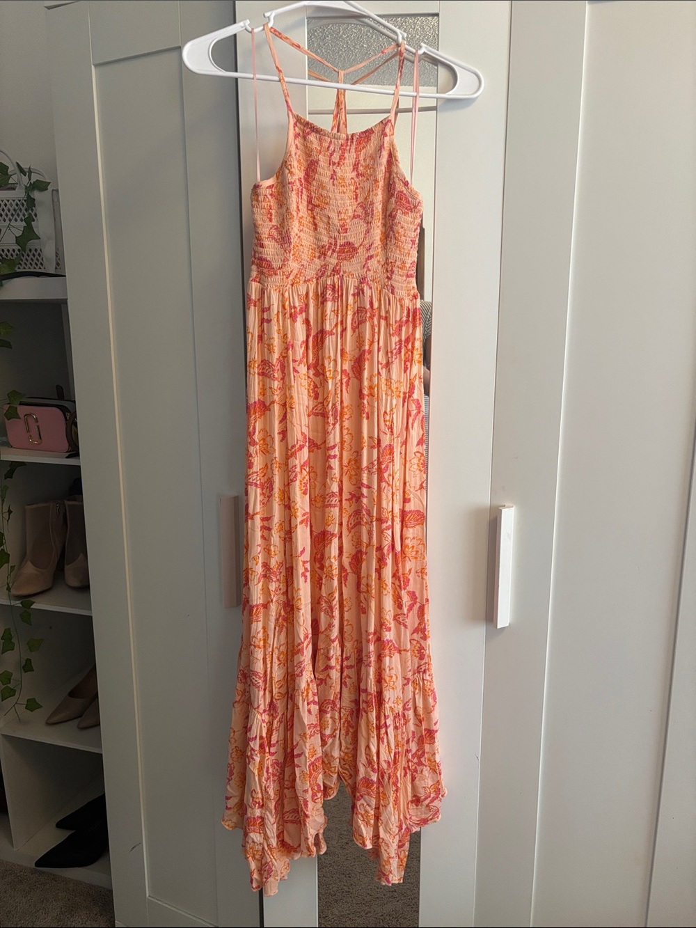 Free People size XS Pink Peach Floral Maxi Dress with Smocked Bodice